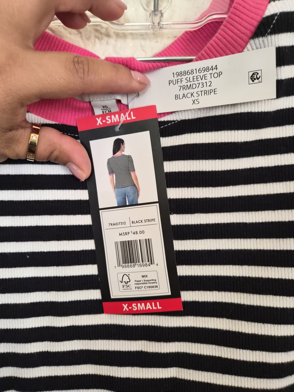 Rebecca Minkoff Black & White Striped Tee with Hot Pink Trim - Picture 4 of 6